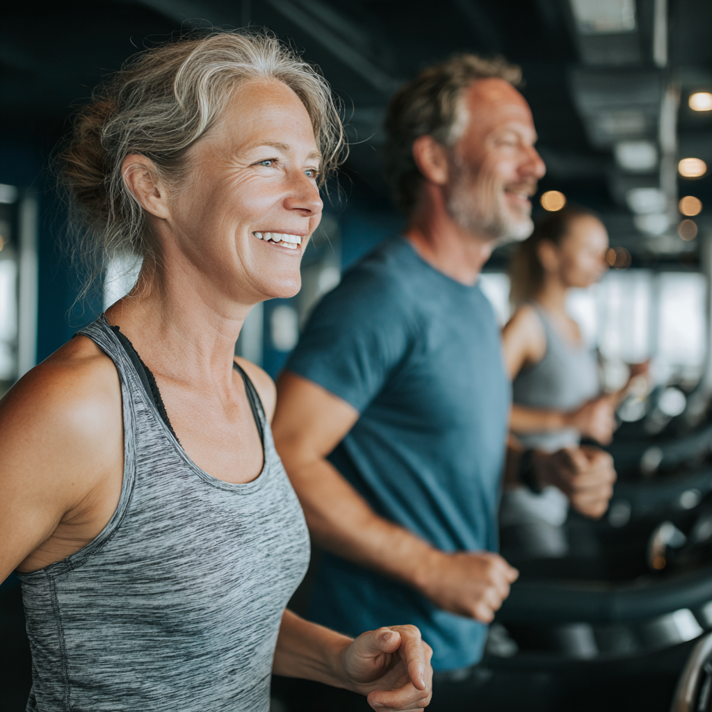 Middle-aged adults enjoying fitness training in a modern gym setting