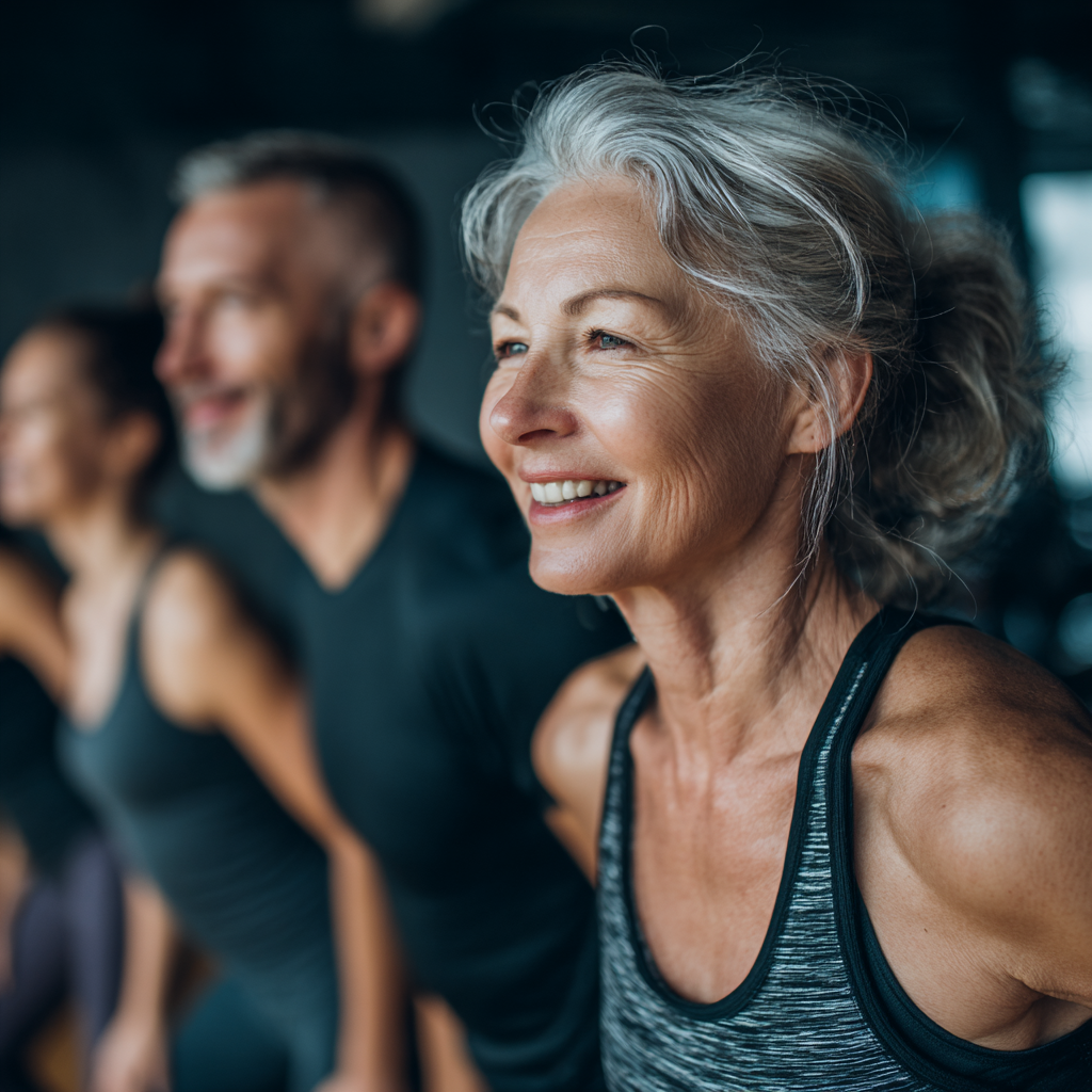 Mature adults participating in group fitness activities with professional trainers